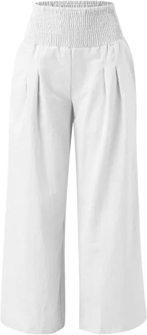 Women Palazzo Trousers 2024 Summer Linen Cotton Casual Pants Elastic High Waist Loose Fit Solid Straight Wide Leg Pants