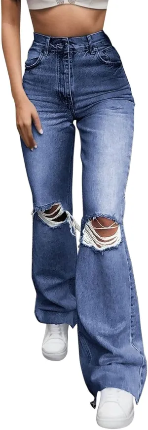 Women Pants Hole Denim Button Elastic Pocket Waist Jeans Trousers High Loose Women's Jeans Womens Designer Pants