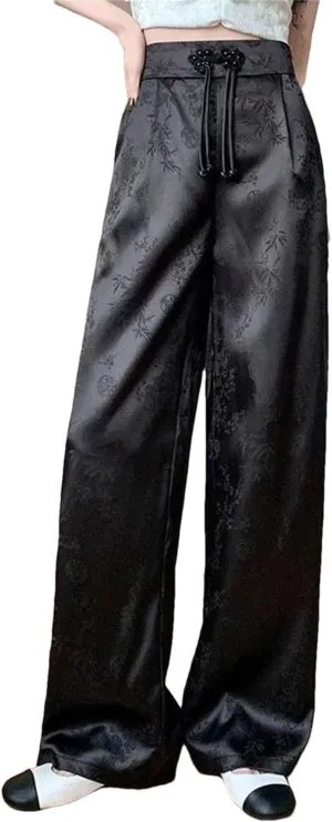 Women Satin Loose Straight Pants Summer Casual High Waist Trousers Vintage Wide Leg Pant