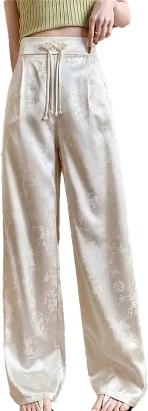 Women Satin Loose Straight Pants Summer Casual High Waist Trousers Vintage Wide Leg Pant