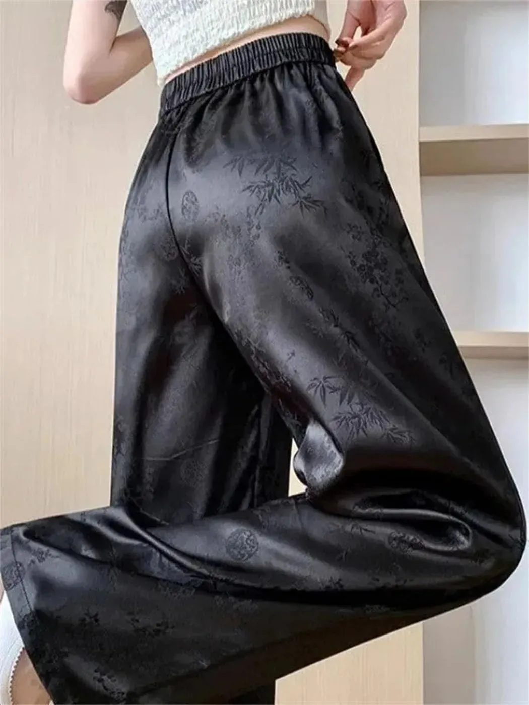 Women Satin Loose Straight Pants Summer Casual High Waist Trousers Vintage Wide Leg Pant