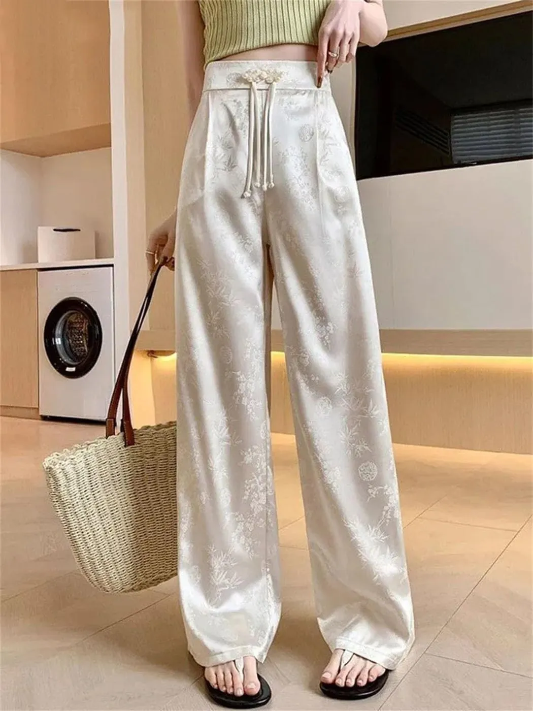 Women Satin Loose Straight Pants Summer Casual High Waist Trousers Vintage Wide Leg Pant