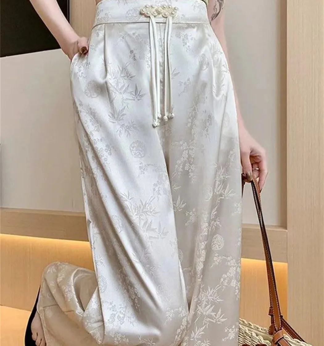 Women Satin Loose Straight Pants Summer Casual High Waist Trousers Vintage Wide Leg Pant