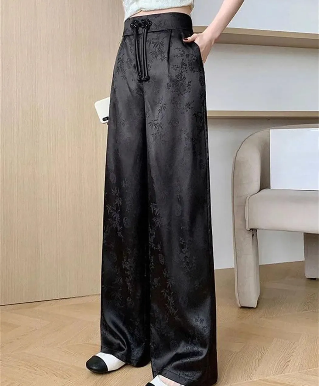 Women Satin Loose Straight Pants Summer Casual High Waist Trousers Vintage Wide Leg Pant