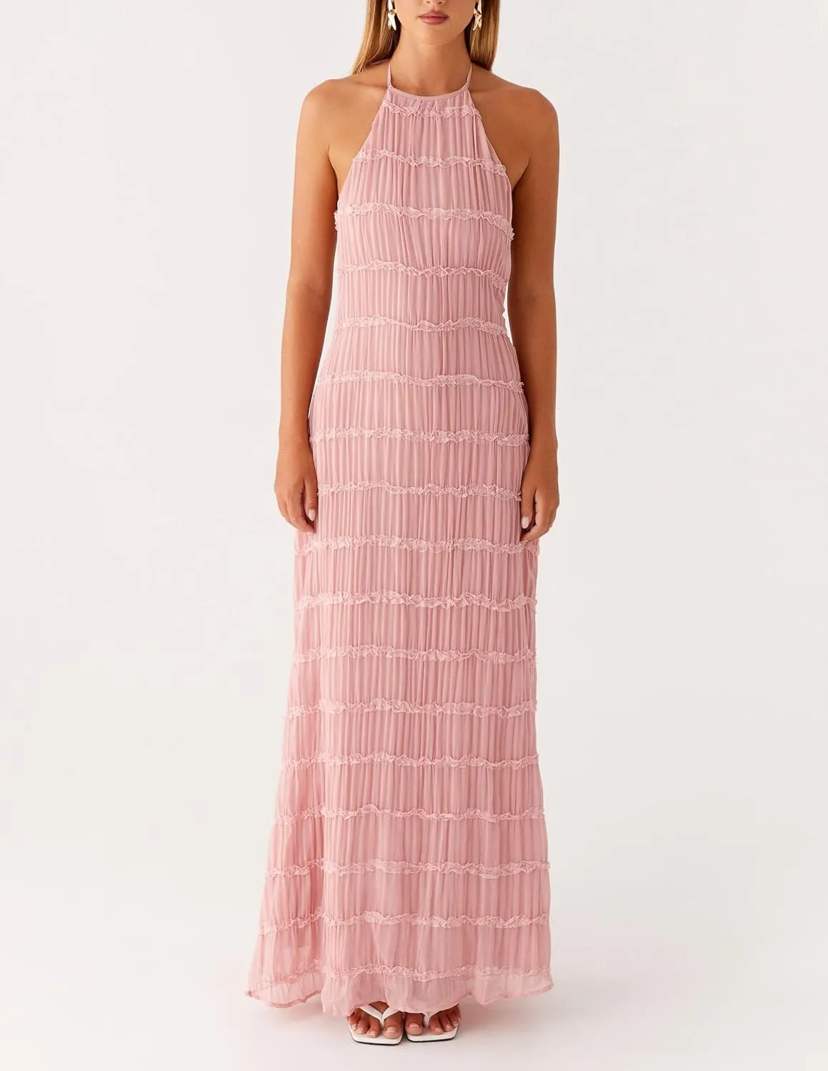 Women Sleeveless Tiered Halter Maxi Dress Backless Smocked Ruffle Long Dress Boho Bodycon Cocktail Sundress 2025 Summer