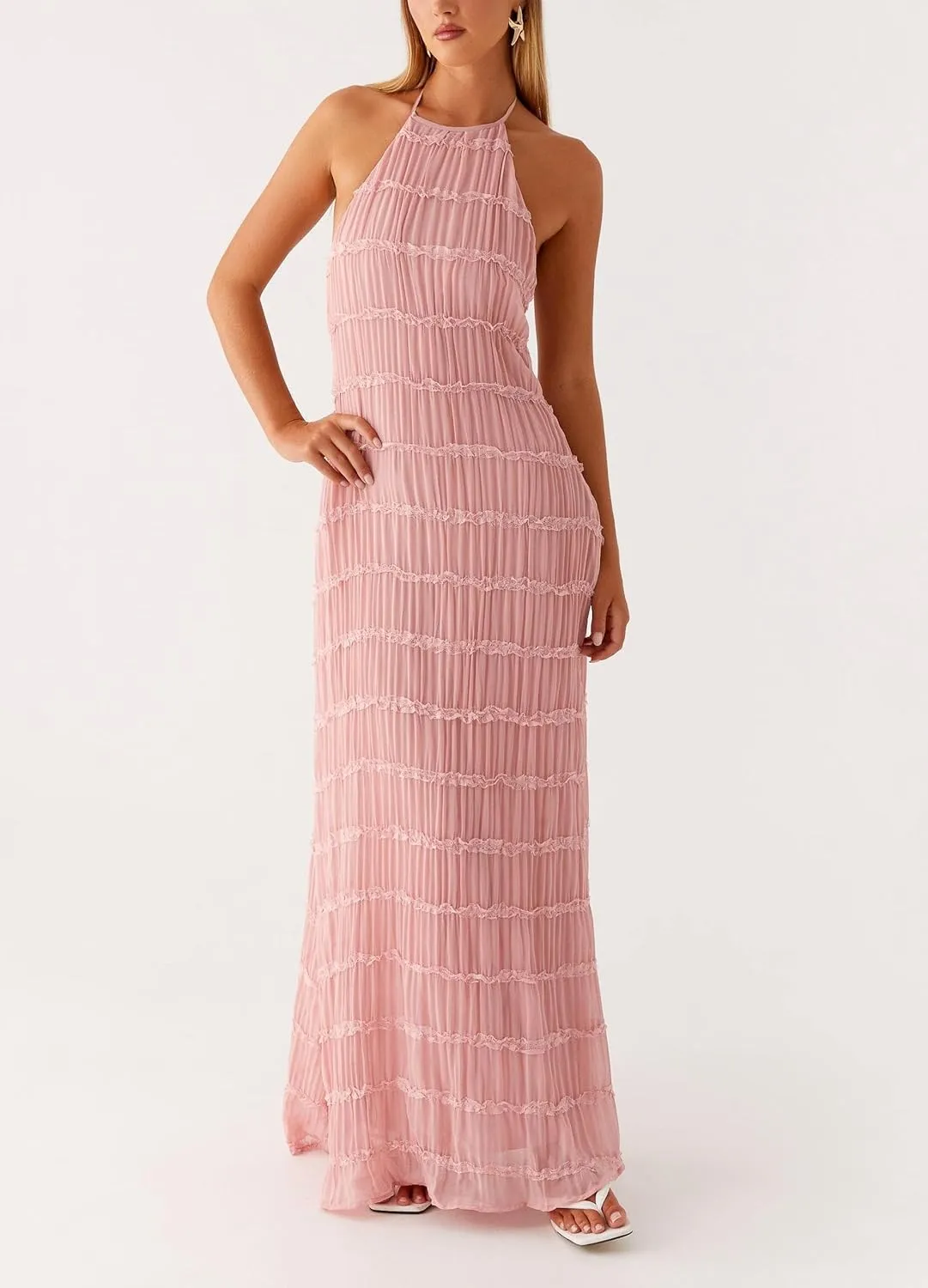 Women Sleeveless Tiered Halter Maxi Dress Backless Smocked Ruffle Long Dress Boho Bodycon Cocktail Sundress 2025 Summer