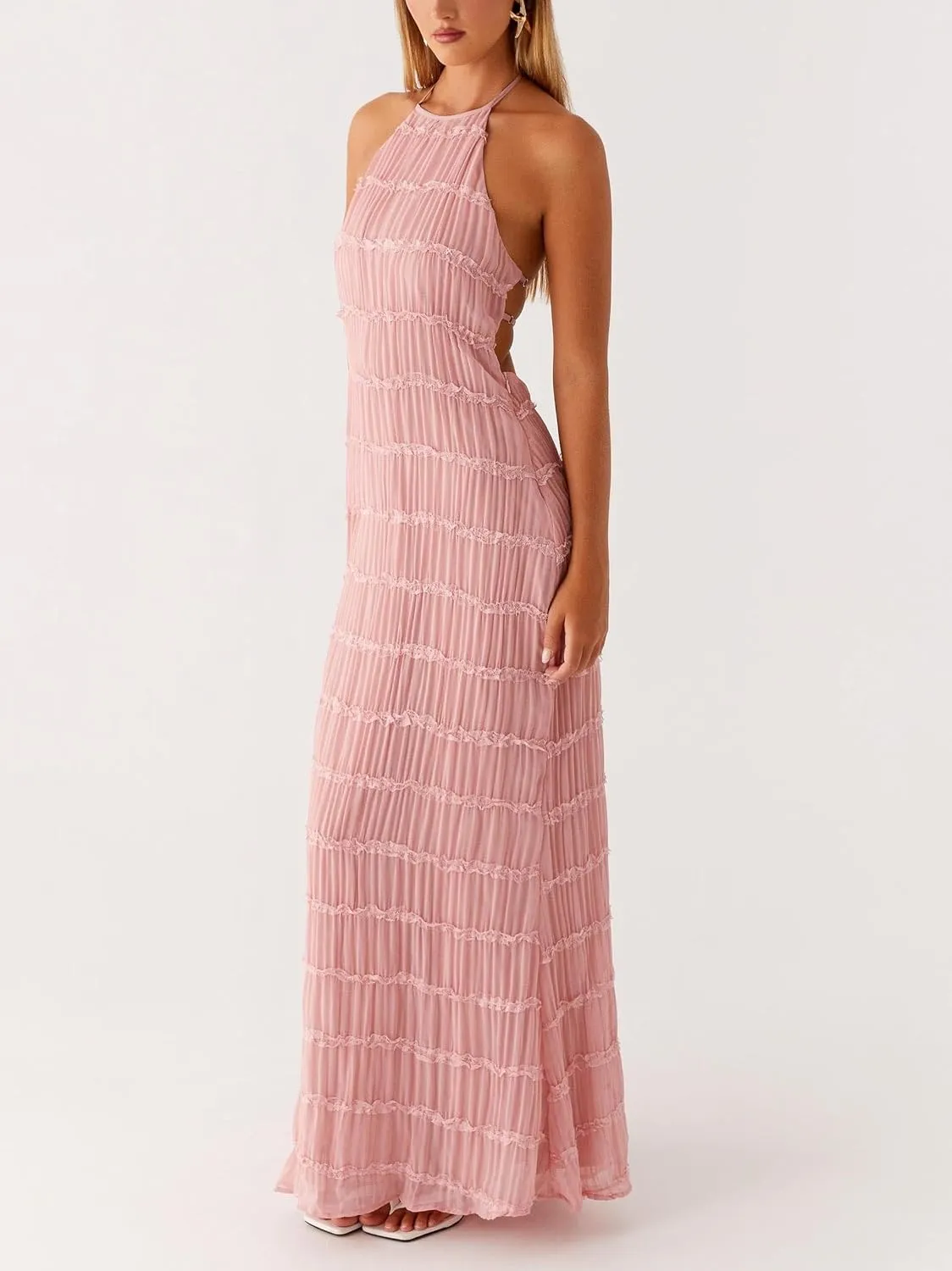 Women Sleeveless Tiered Halter Maxi Dress Backless Smocked Ruffle Long Dress Boho Bodycon Cocktail Sundress 2025 Summer