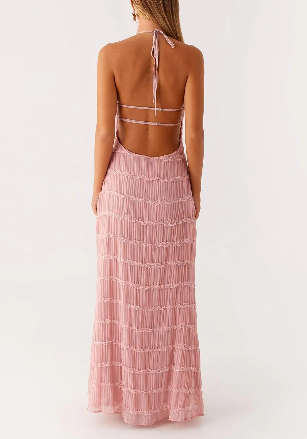 Women Sleeveless Tiered Halter Maxi Dress Backless Smocked Ruffle Long Dress Boho Bodycon Cocktail Sundress 2025 Summer