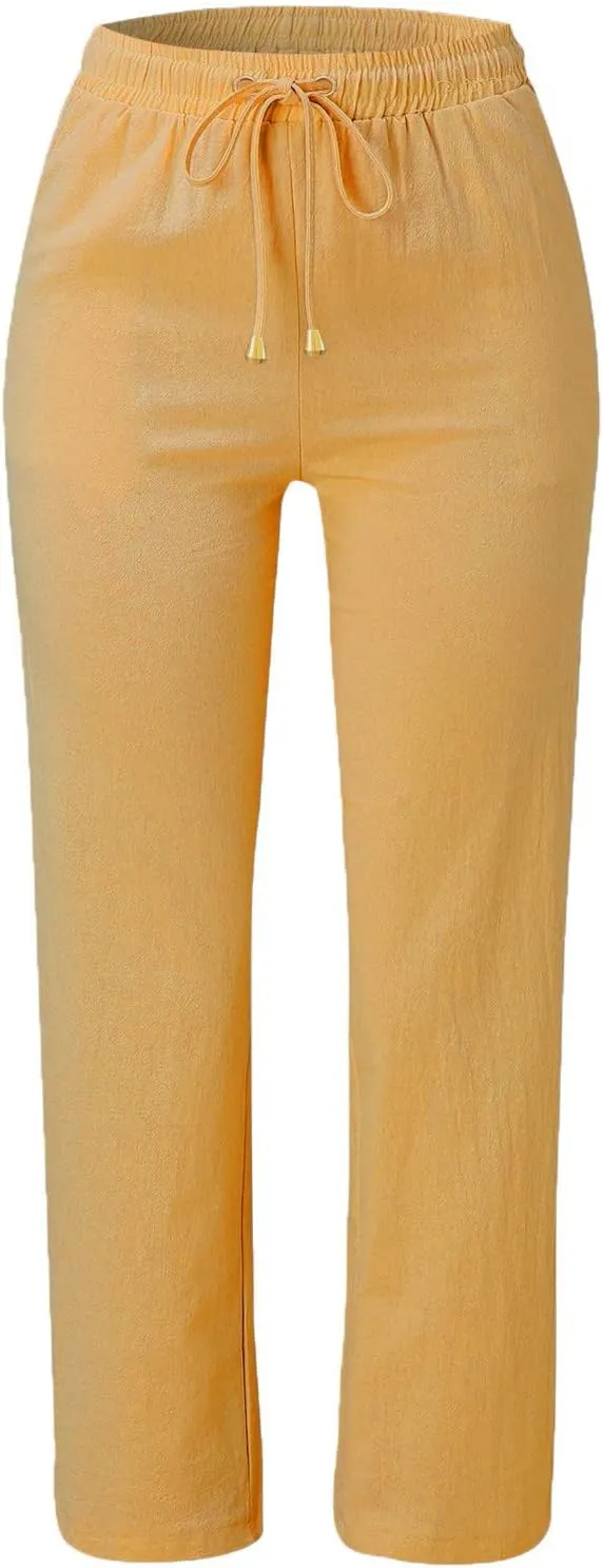 Women Straight Leg Pants Linen Cotton Drawstring Elastic Waist Summer Trousers Casual Loose Lounge Pants with Pockets