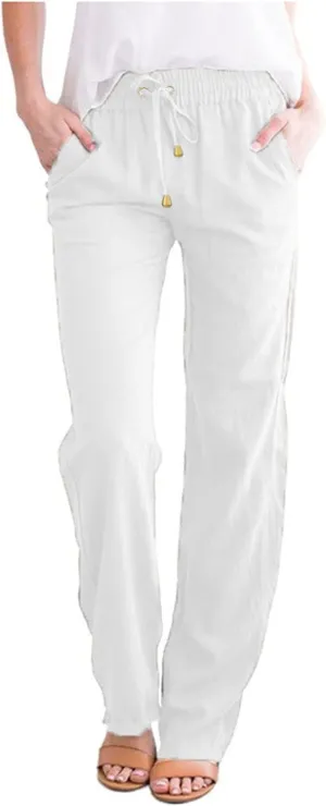 Women Straight Leg Pants Linen Cotton Drawstring Elastic Waist Summer Trousers Casual Loose Lounge Pants with Pockets