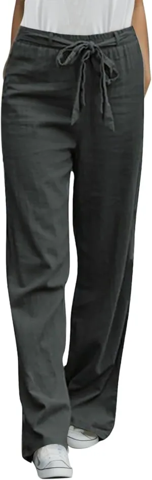 Women Straight Leg Summer Pants Adjustable Tie Knot Linen Cotton Trousers Loose Fit Elastic Waist Business Casual Pants