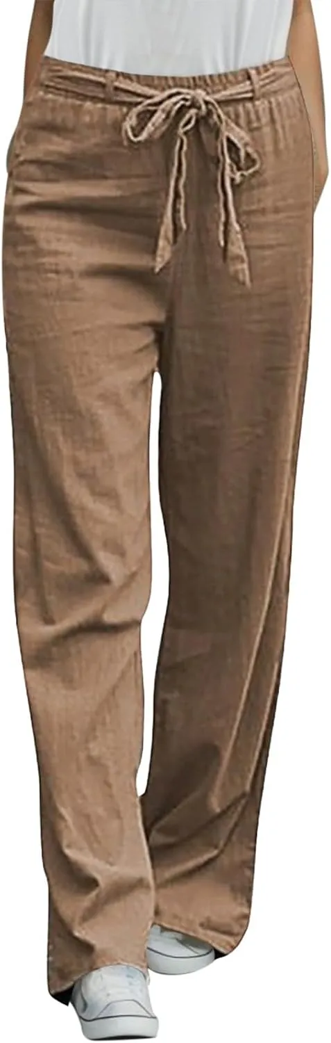 Women Straight Leg Summer Pants Adjustable Tie Knot Linen Cotton Trousers Loose Fit Elastic Waist Business Casual Pants