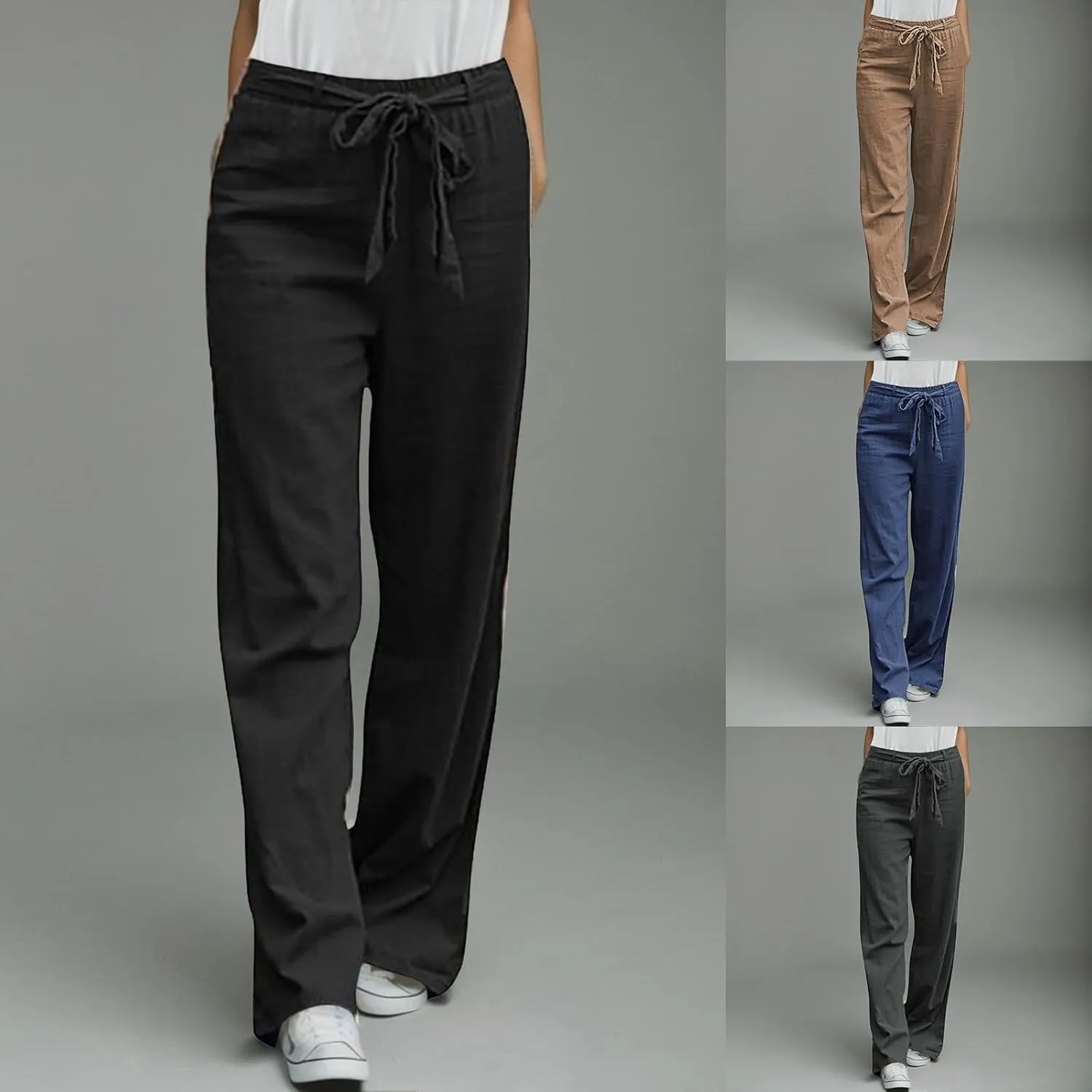 Women Straight Leg Summer Pants Adjustable Tie Knot Linen Cotton Trousers Loose Fit Elastic Waist Business Casual Pants