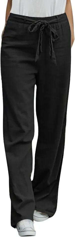 Women Straight Leg Summer Pants Adjustable Tie Knot Linen Cotton Trousers Loose Fit Elastic Waist Business Casual Pants