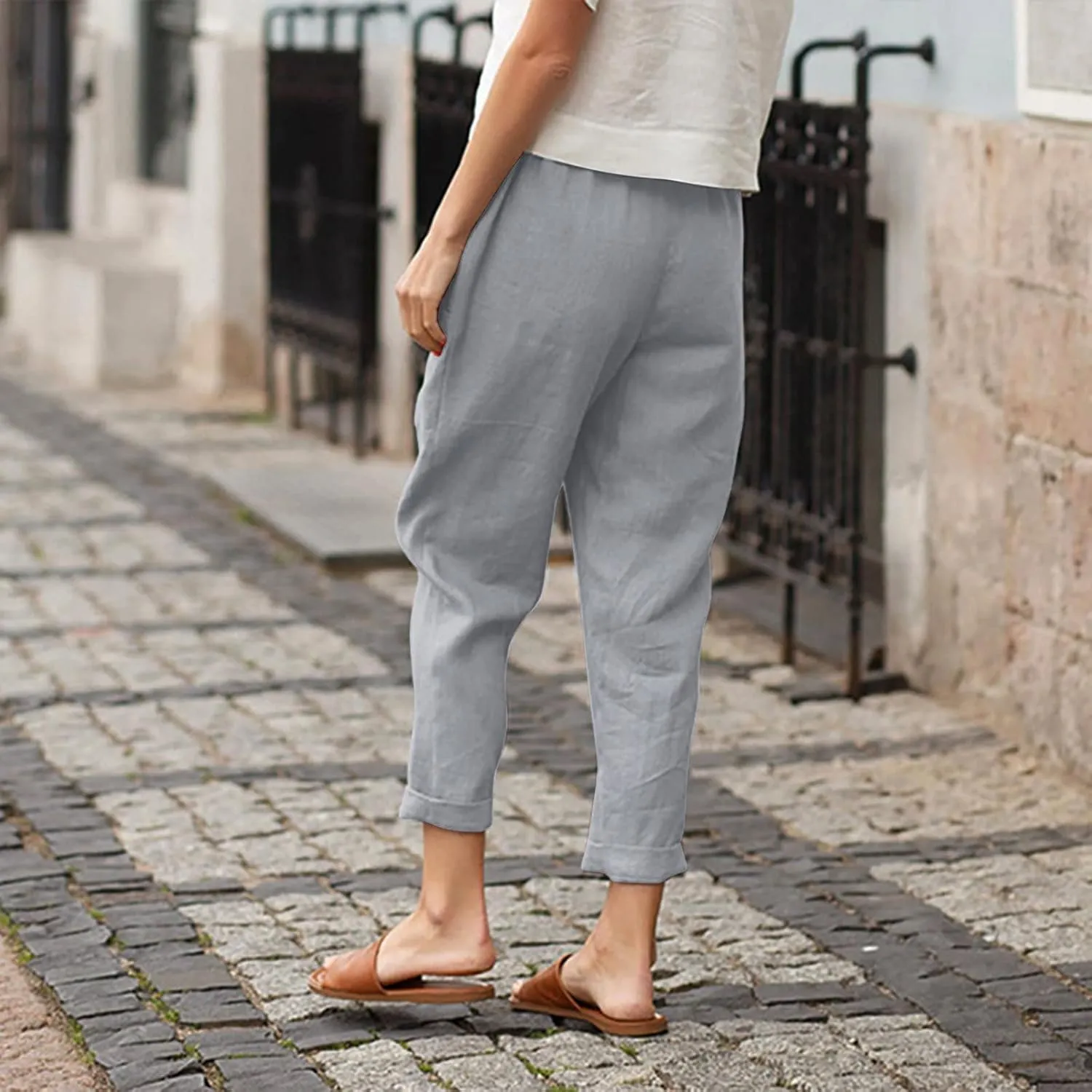 Women Straight Wide Leg Capris Pants Cotton Linen Summer Cropped Trousers Breathable Casual Solid Dress Pants with Pockets