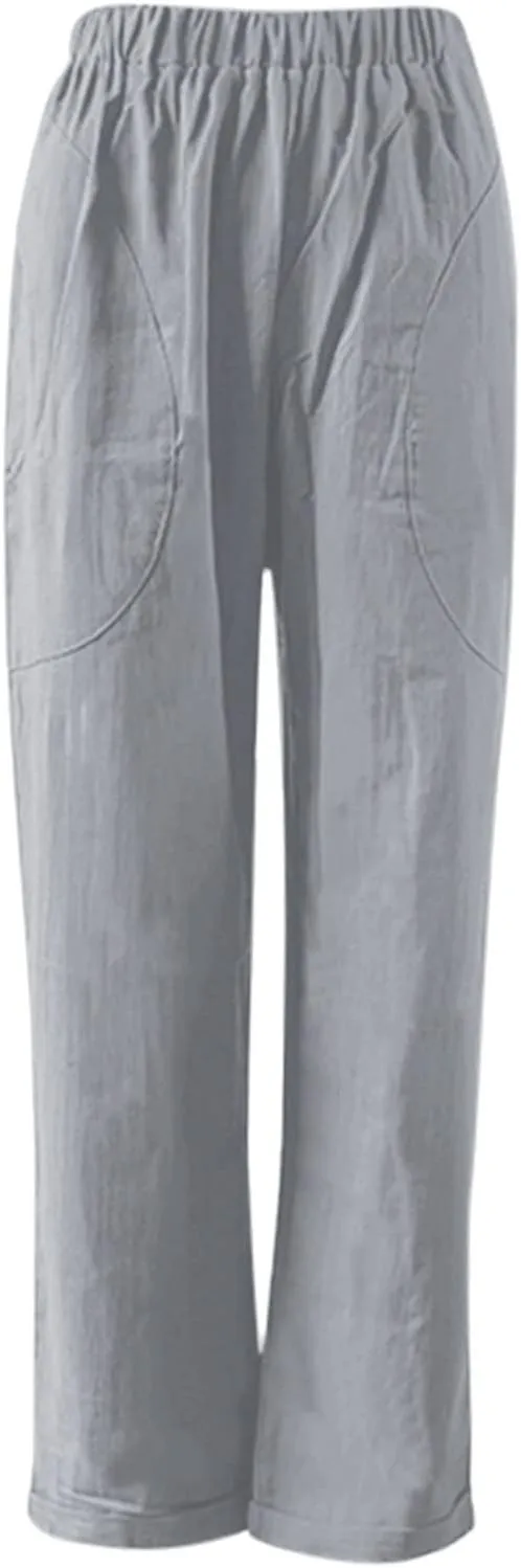 Women Straight Wide Leg Capris Pants Cotton Linen Summer Cropped Trousers Breathable Casual Solid Dress Pants with Pockets