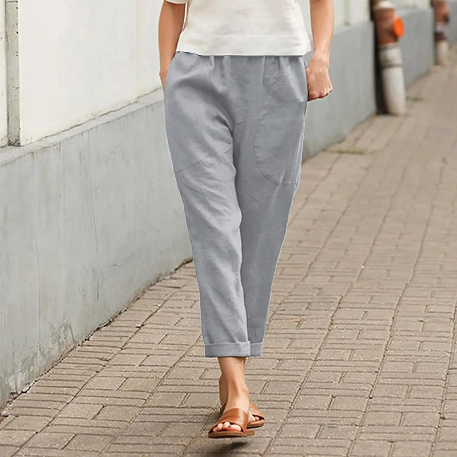 Women Straight Wide Leg Capris Pants Cotton Linen Summer Cropped Trousers Breathable Casual Solid Dress Pants with Pockets