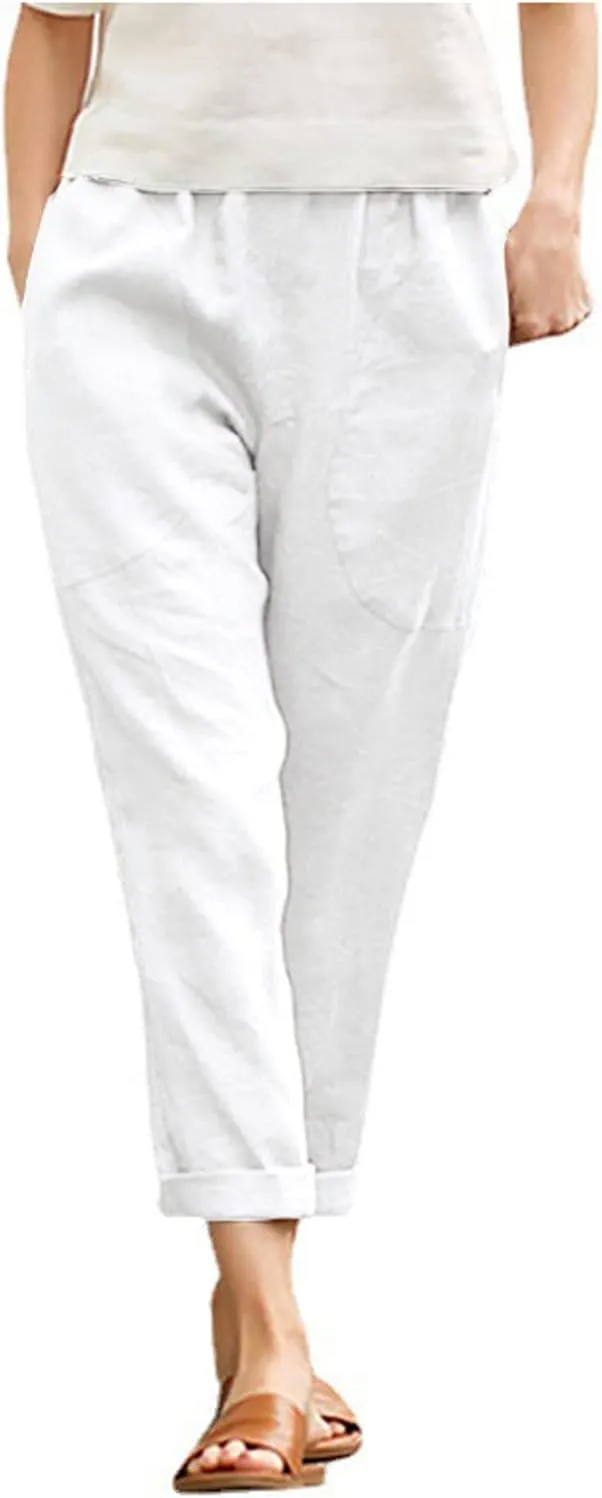 Women Straight Wide Leg Capris Pants Cotton Linen Summer Cropped Trousers Breathable Casual Solid Dress Pants with Pockets