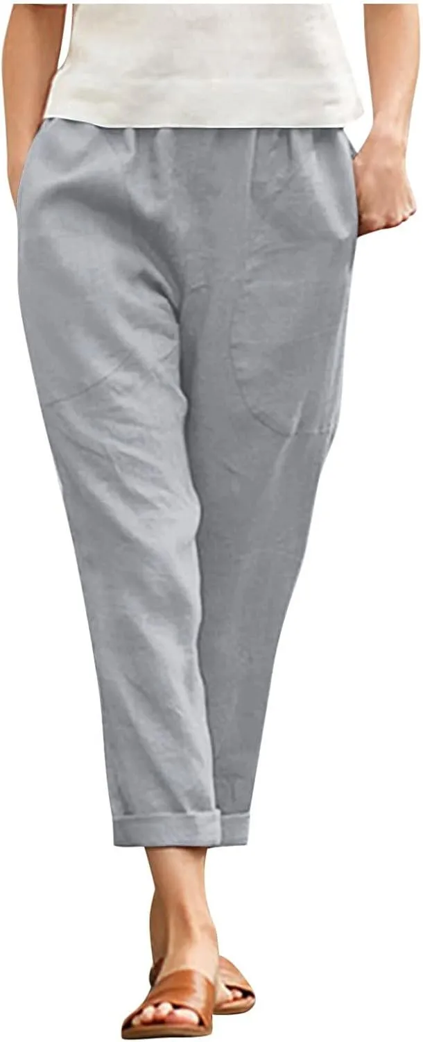 Women Straight Wide Leg Capris Pants Cotton Linen Summer Cropped Trousers Breathable Casual Solid Dress Pants with Pockets