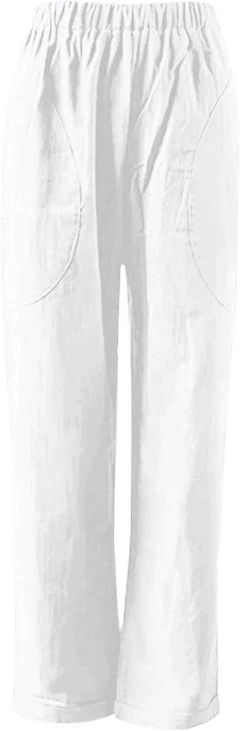 Women Straight Wide Leg Capris Pants Cotton Linen Summer Cropped Trousers Breathable Casual Solid Dress Pants with Pockets