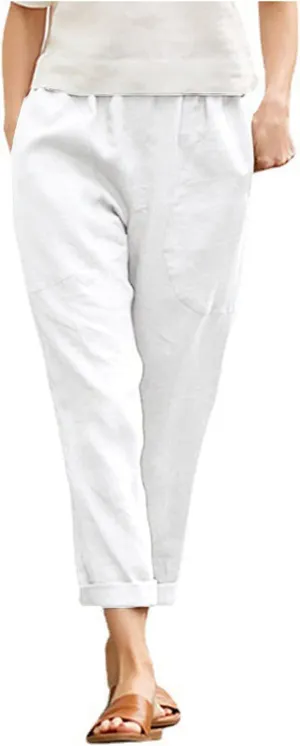 Women Straight Wide Leg Capris Pants Cotton Linen Summer Cropped Trousers Breathable Casual Solid Dress Pants with Pockets