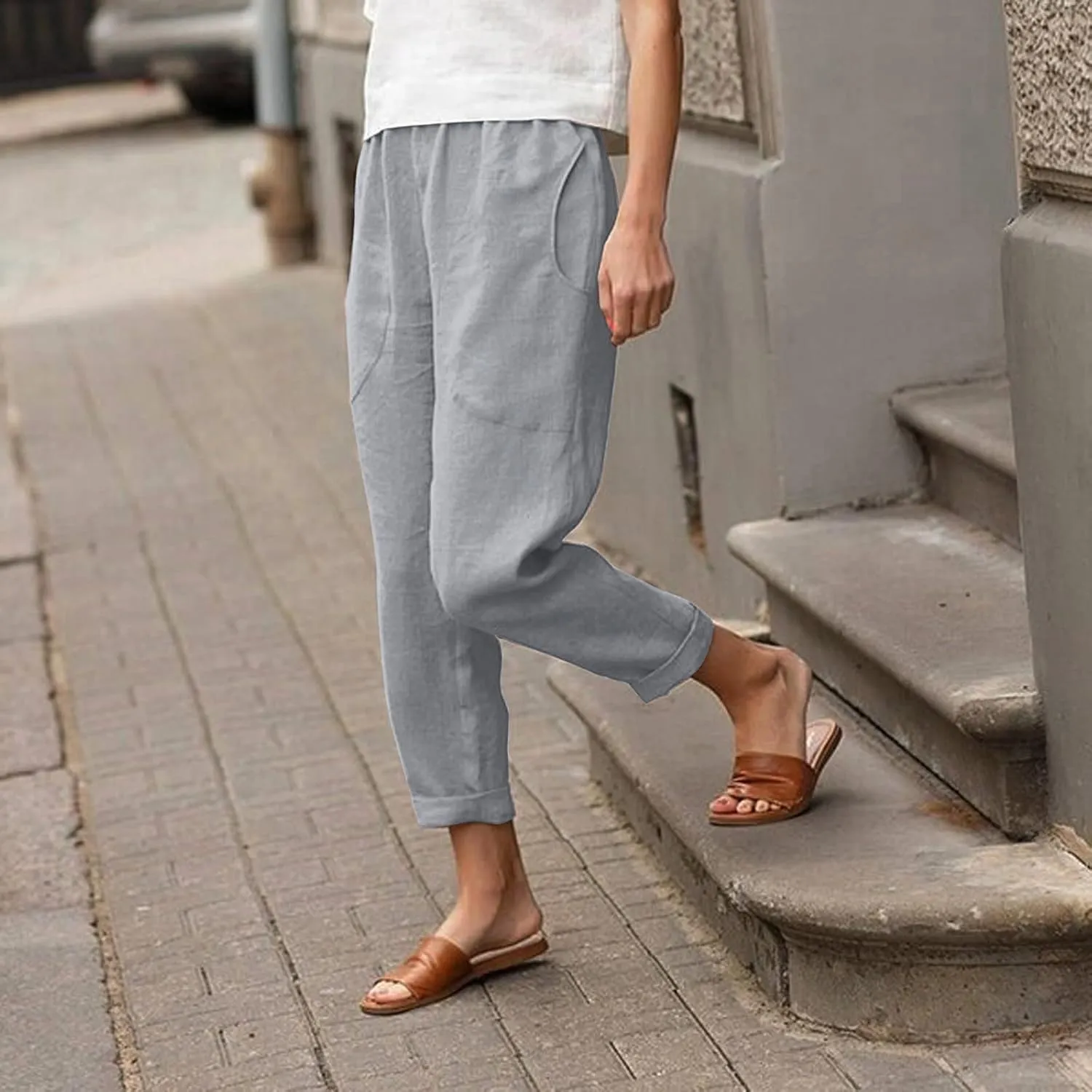 Women Straight Wide Leg Capris Pants Cotton Linen Summer Cropped Trousers Breathable Casual Solid Dress Pants with Pockets