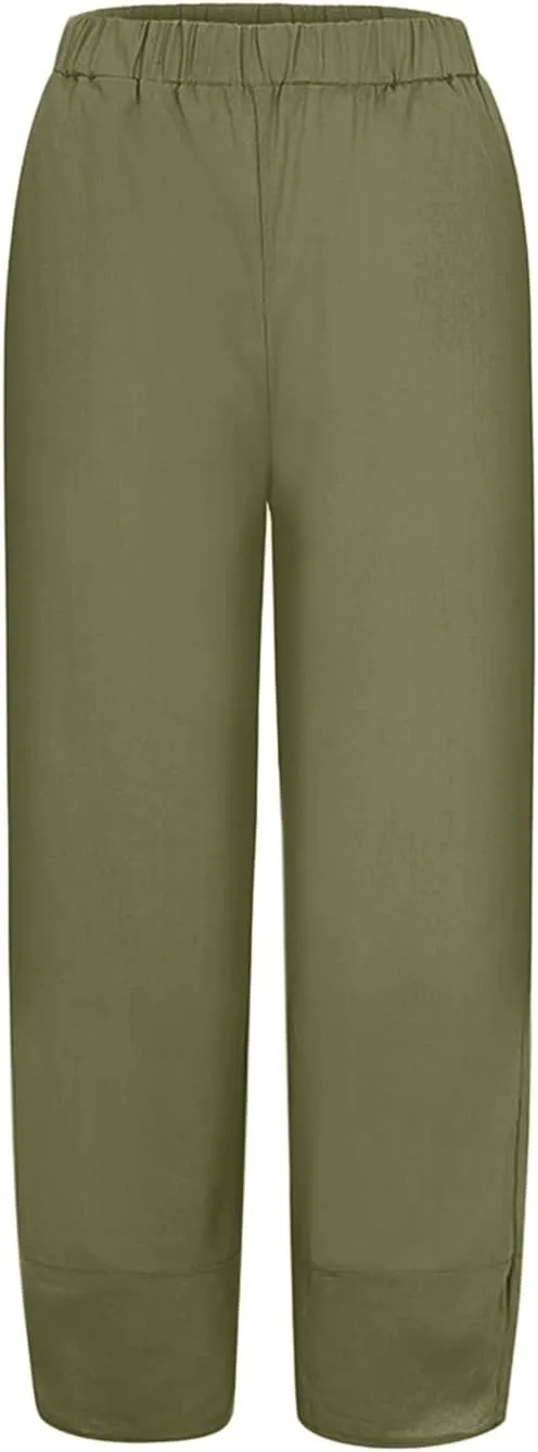 Women Summer Casual Capris Linen Cotton Pants Brethable Wide Leg Elastic Waist Baggy Palazzo Cropped Trousers with Pockets