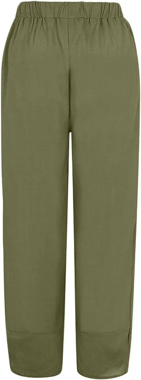 Women Summer Casual Capris Linen Cotton Pants Brethable Wide Leg Elastic Waist Baggy Palazzo Cropped Trousers with Pockets