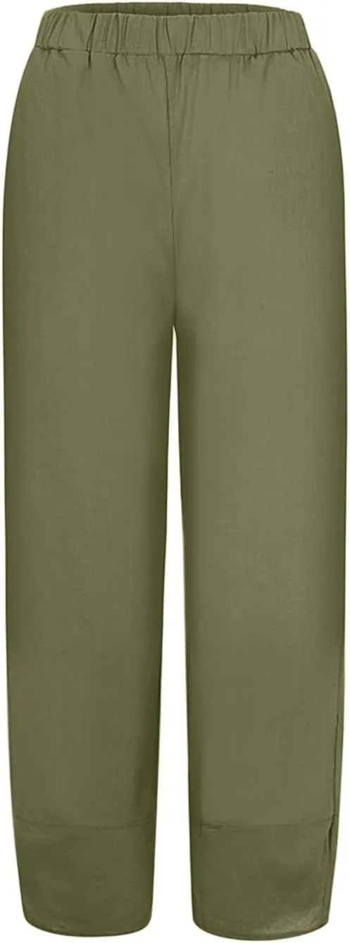 Women Summer Casual Capris Linen Cotton Pants Brethable Wide Leg Elastic Waist Baggy Palazzo Cropped Trousers with Pockets