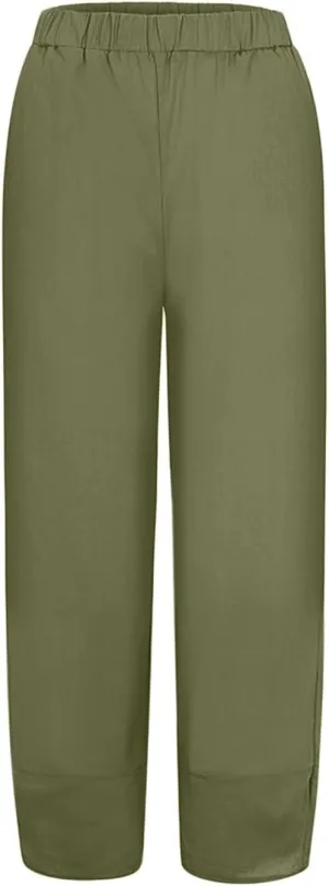 Women Summer Casual Capris Linen Cotton Pants Brethable Wide Leg Elastic Waist Baggy Palazzo Cropped Trousers with Pockets