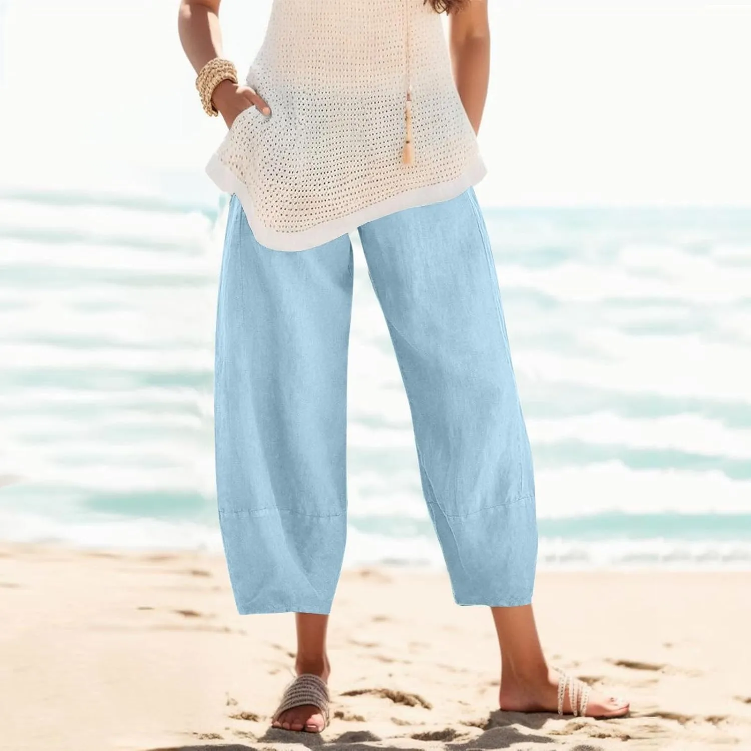 Women Summer Casual Capris Linen Cotton Pants Brethable Wide Leg Elastic Waist Baggy Palazzo Cropped Trousers with Pockets