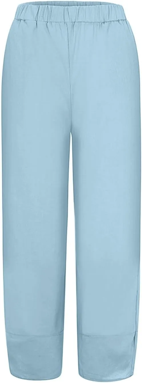 Women Summer Casual Capris Linen Cotton Pants Brethable Wide Leg Elastic Waist Baggy Palazzo Cropped Trousers with Pockets