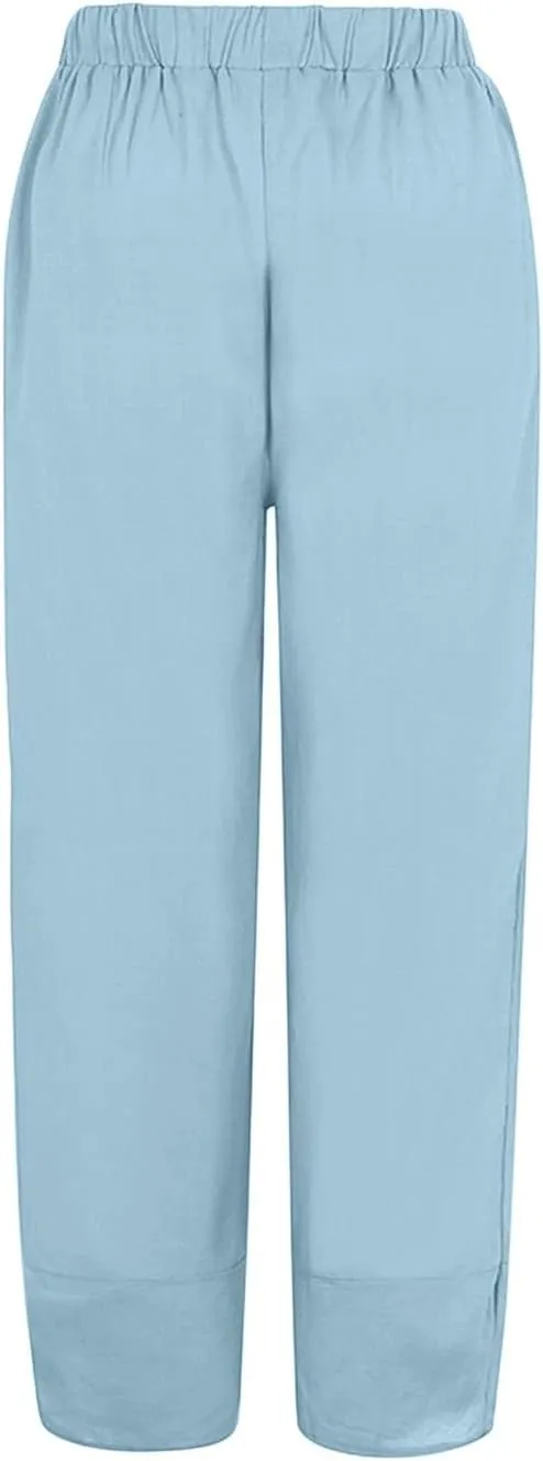 Women Summer Casual Capris Linen Cotton Pants Brethable Wide Leg Elastic Waist Baggy Palazzo Cropped Trousers with Pockets
