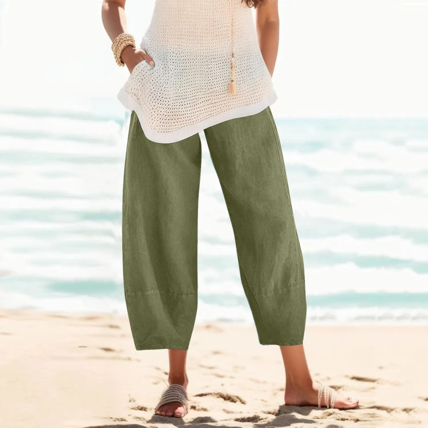 Women Summer Casual Capris Linen Cotton Pants Brethable Wide Leg Elastic Waist Baggy Palazzo Cropped Trousers with Pockets