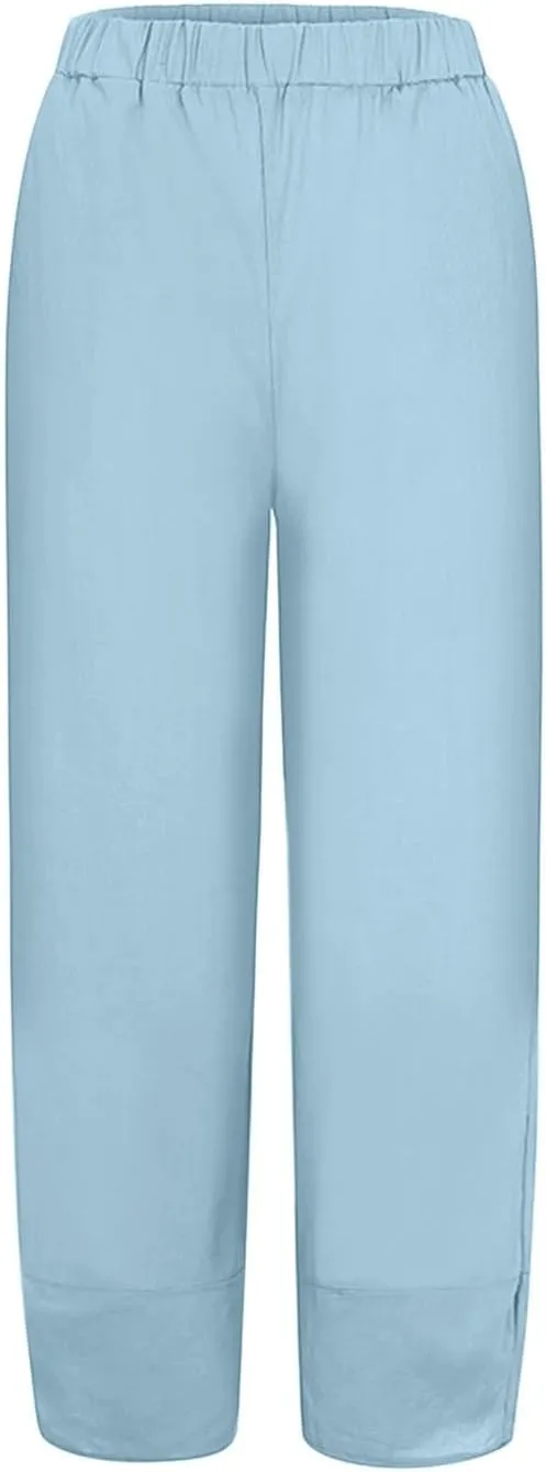 Women Summer Casual Capris Linen Cotton Pants Brethable Wide Leg Elastic Waist Baggy Palazzo Cropped Trousers with Pockets