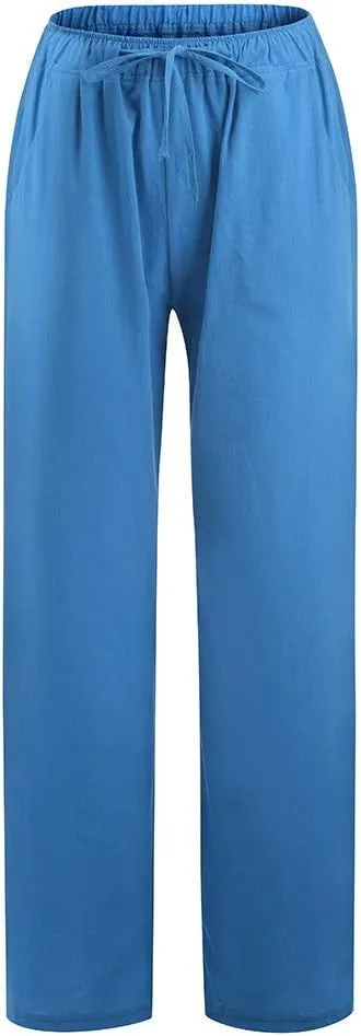 Women Summer Casual Pants Linen Cotton Elastic Waist Palazzo Trousers Loose Solid Straight Wide Leg Pants with Pocket
