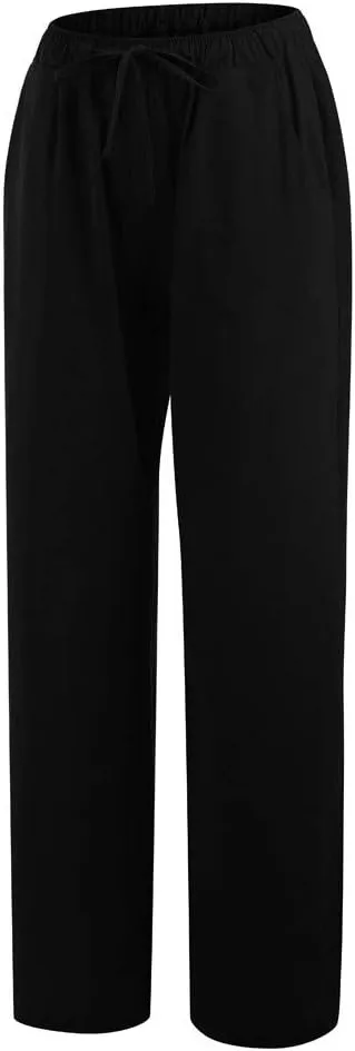 Women Summer Casual Pants Linen Cotton Elastic Waist Palazzo Trousers Loose Solid Straight Wide Leg Pants with Pocket