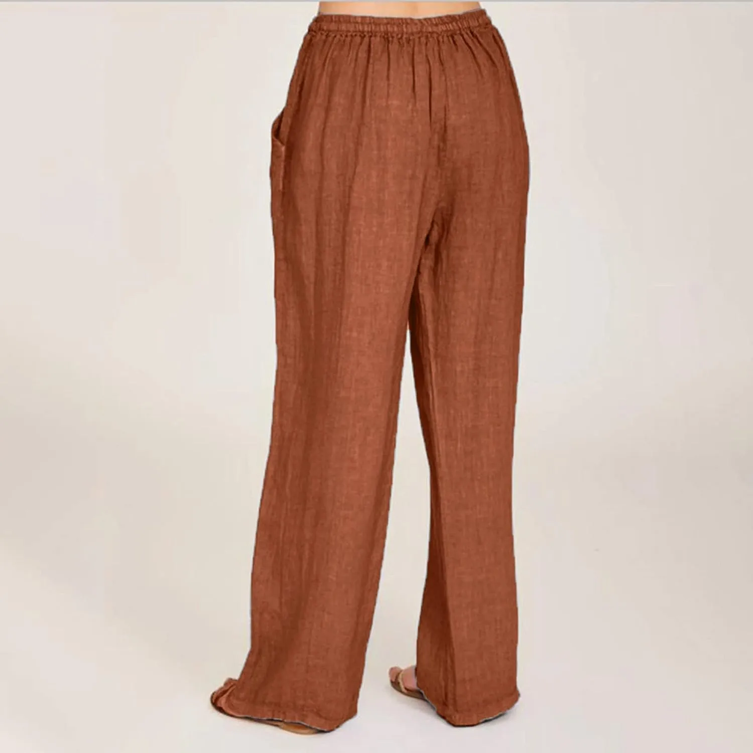 Women Summer Casual Pants Linen Cotton Elastic Waist Palazzo Trousers Loose Solid Straight Wide Leg Pants with Pocket
