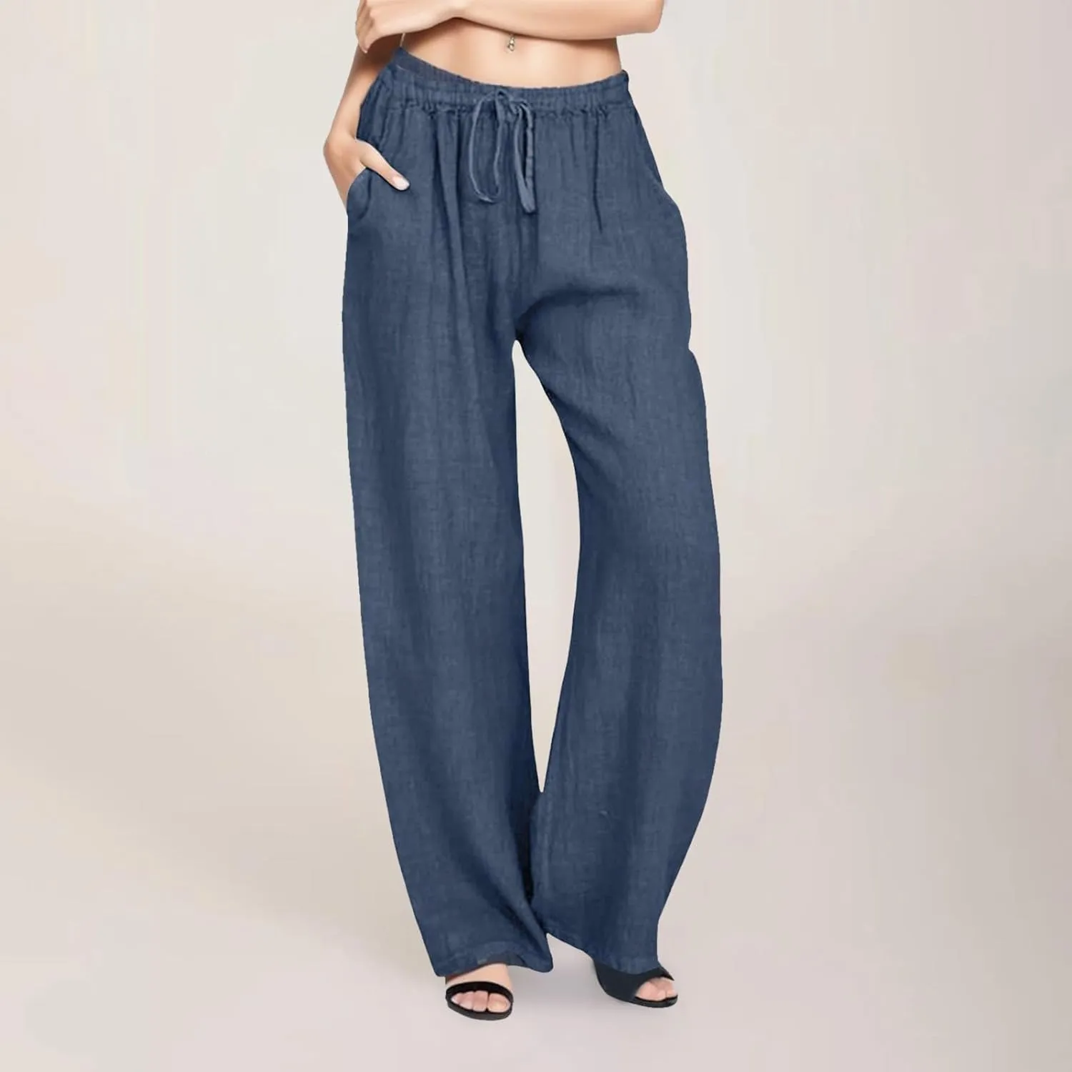 Women Summer Casual Pants Linen Cotton Elastic Waist Palazzo Trousers Loose Solid Straight Wide Leg Pants with Pocket