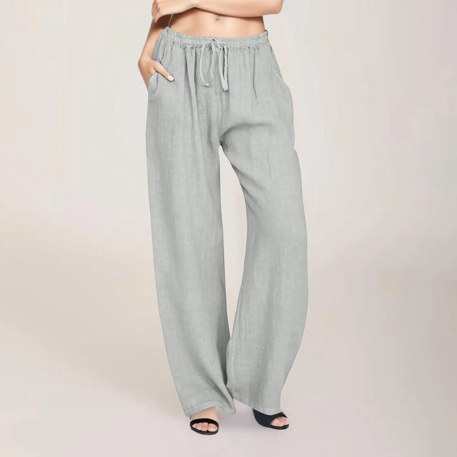 Women Summer Casual Pants Linen Cotton Elastic Waist Palazzo Trousers Loose Solid Straight Wide Leg Pants with Pocket