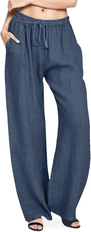 Women Summer Casual Pants Linen Cotton Elastic Waist Palazzo Trousers Loose Solid Straight Wide Leg Pants with Pocket