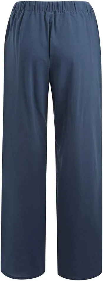 Women Summer Casual Pants Linen Cotton Elastic Waist Palazzo Trousers Loose Solid Straight Wide Leg Pants with Pocket