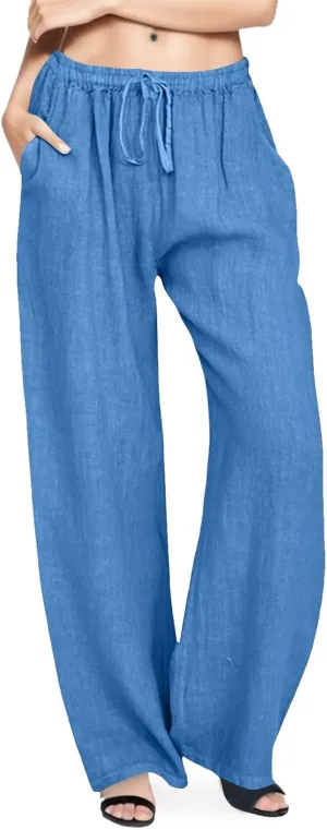 Women Summer Casual Pants Linen Cotton Elastic Waist Palazzo Trousers Loose Solid Straight Wide Leg Pants with Pocket