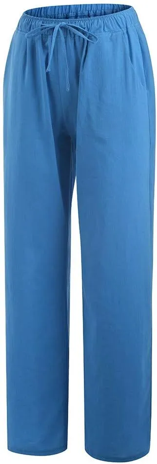 Women Summer Casual Pants Linen Cotton Elastic Waist Palazzo Trousers Loose Solid Straight Wide Leg Pants with Pocket