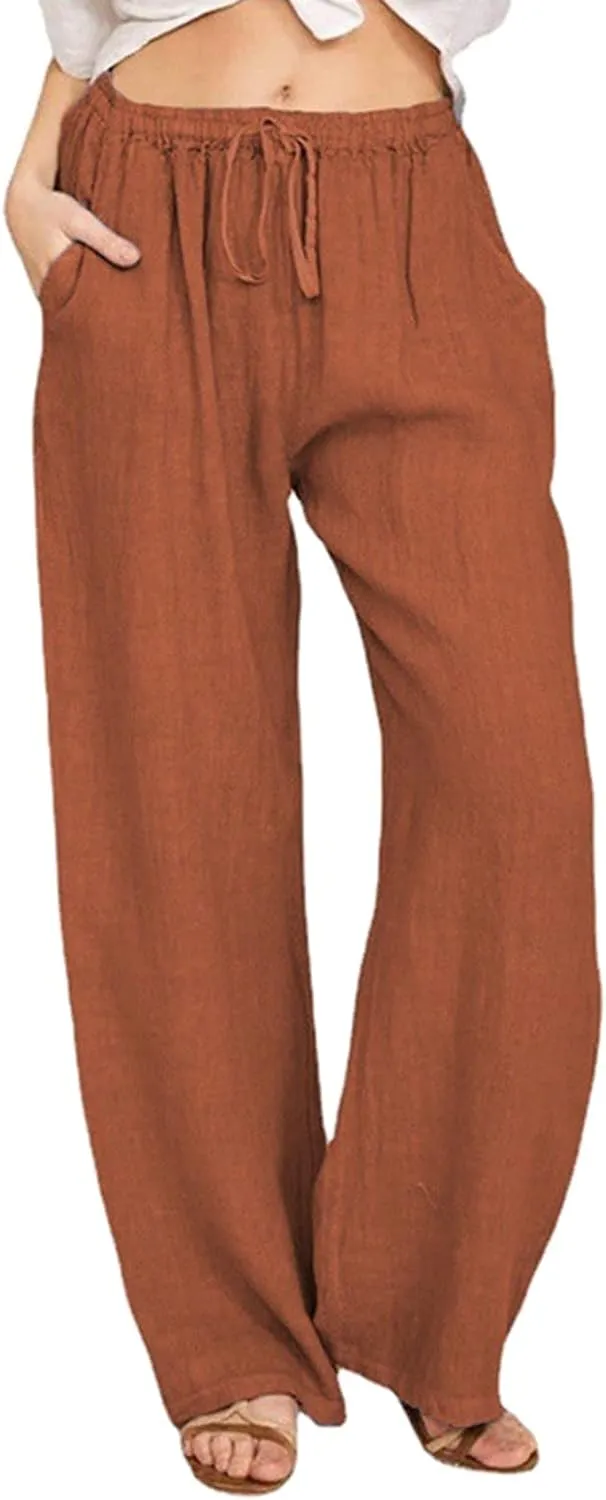 Women Summer Casual Pants Linen Cotton Elastic Waist Palazzo Trousers Loose Solid Straight Wide Leg Pants with Pocket