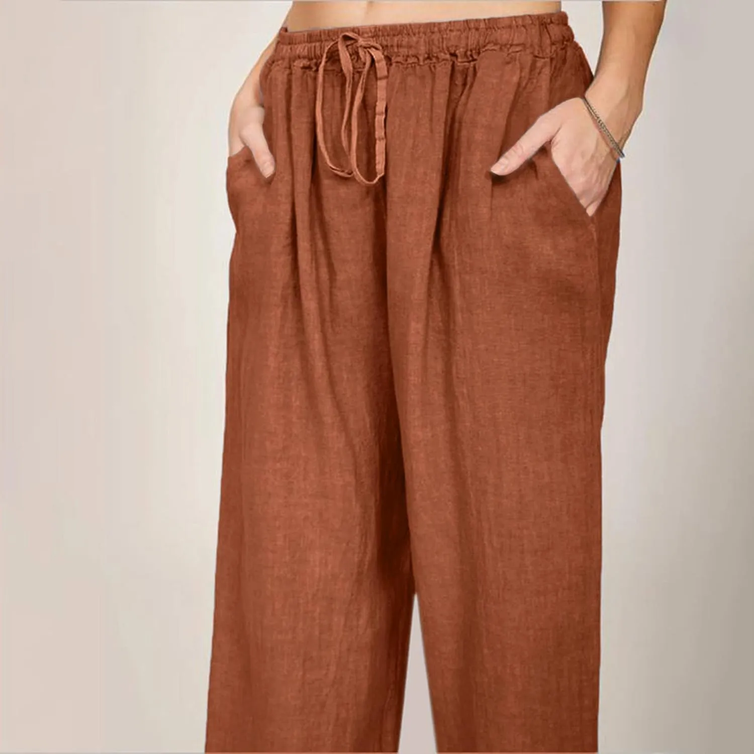 Women Summer Casual Pants Linen Cotton Elastic Waist Palazzo Trousers Loose Solid Straight Wide Leg Pants with Pocket