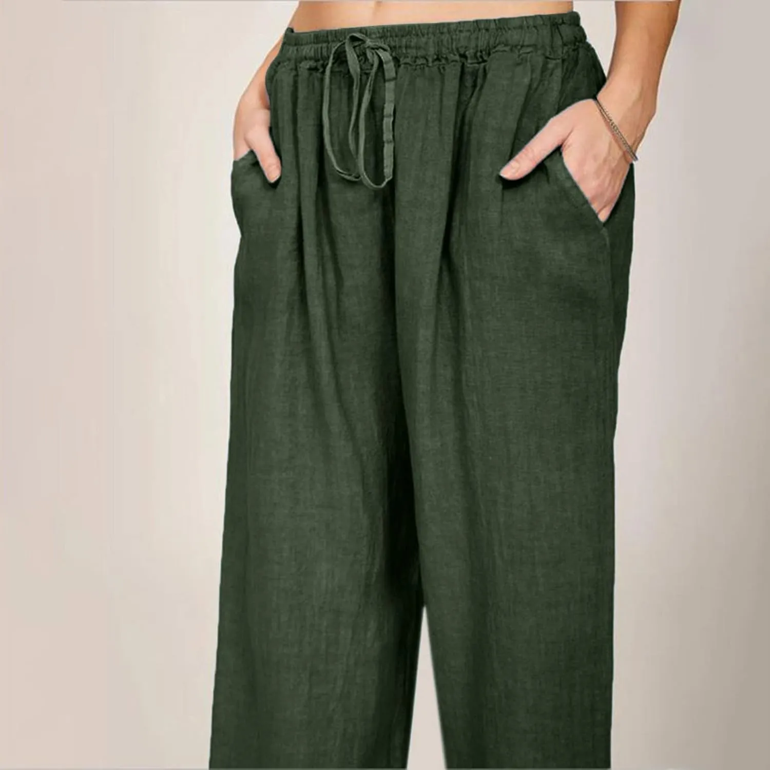Women Summer Casual Pants Linen Cotton Elastic Waist Palazzo Trousers Loose Solid Straight Wide Leg Pants with Pocket