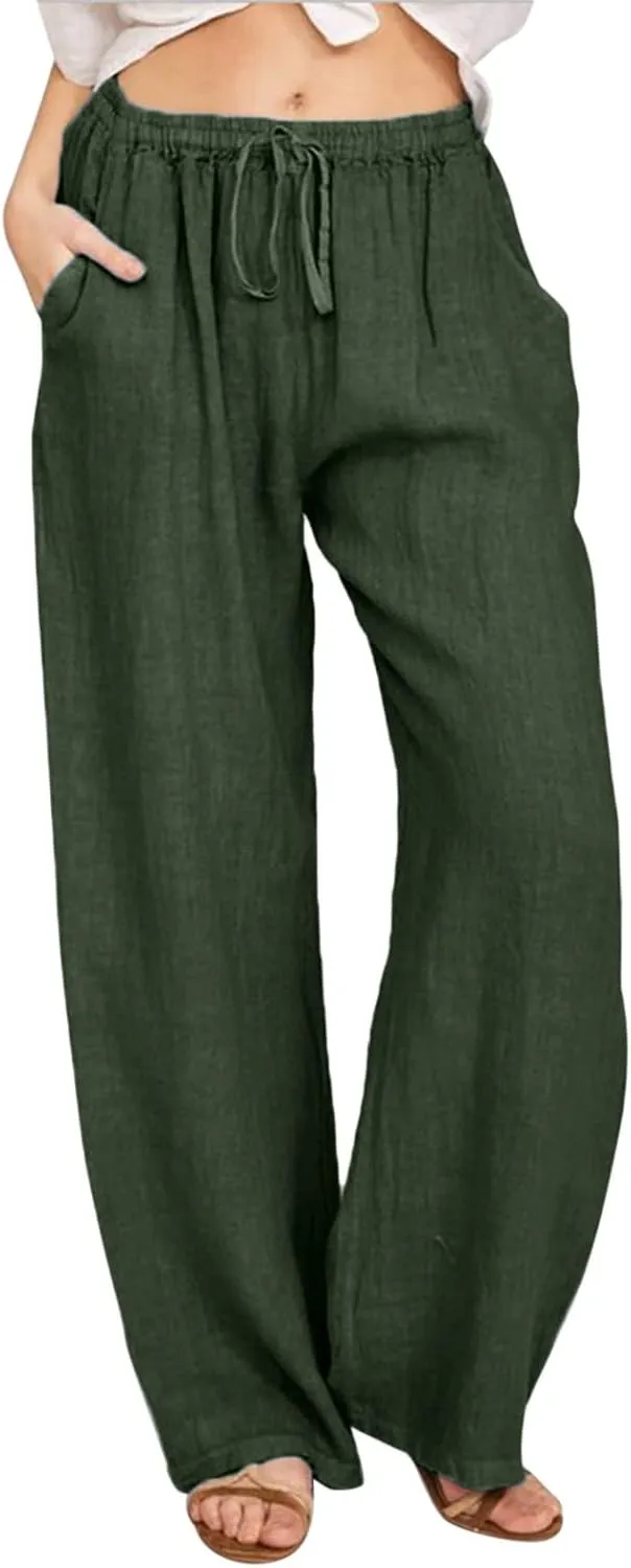 Women Summer Casual Pants Linen Cotton Elastic Waist Palazzo Trousers Loose Solid Straight Wide Leg Pants with Pocket