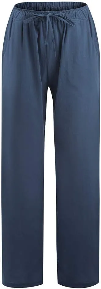 Women Summer Casual Pants Linen Cotton Elastic Waist Palazzo Trousers Loose Solid Straight Wide Leg Pants with Pocket