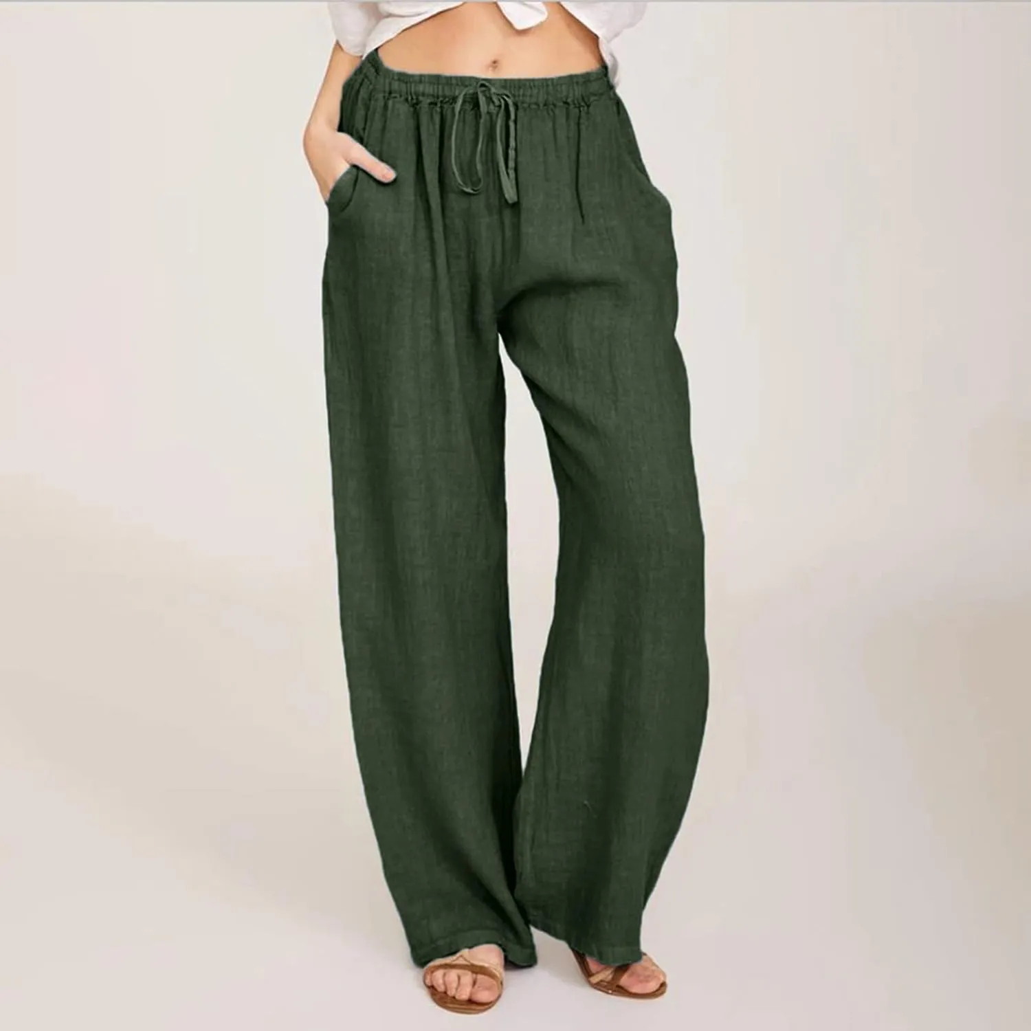 Women Summer Casual Pants Linen Cotton Elastic Waist Palazzo Trousers Loose Solid Straight Wide Leg Pants with Pocket